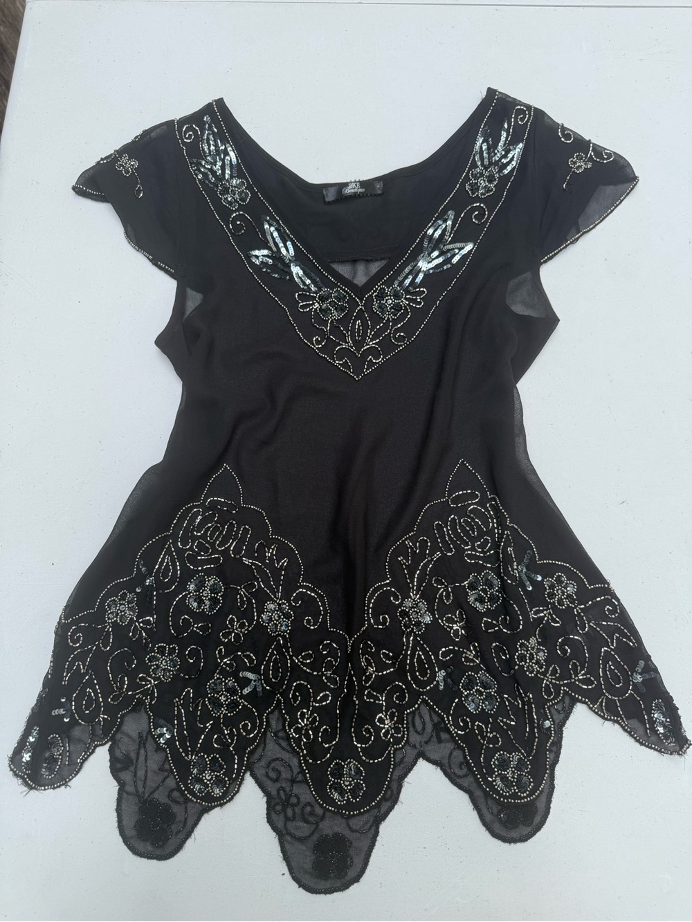 Sheer Embellished Black V-Neck Women's Top
